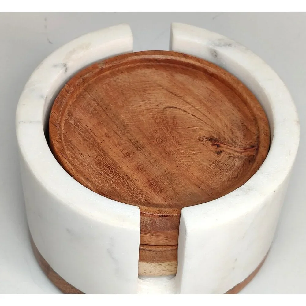 Etched B Monogram Wood Coasters Set with White Heavy Marble Holder Wood Base